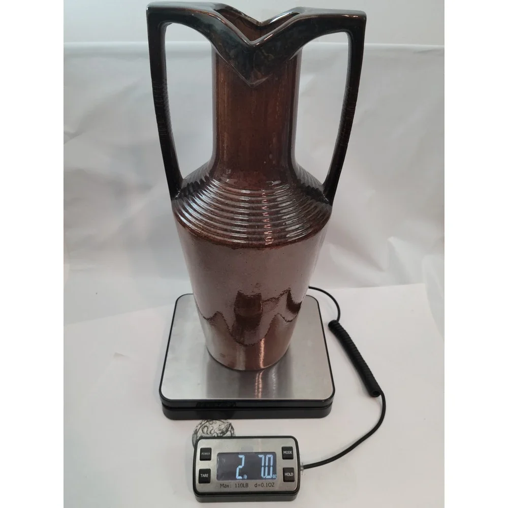 Nemadji Pottery Vase 4688P Vintage Modern Brown Glazed Ribbed Dual Handle 14
